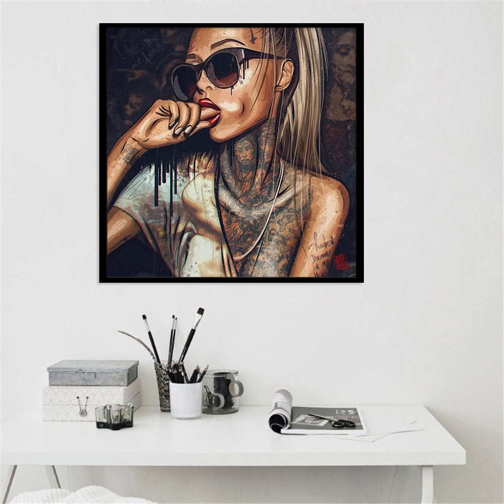 Woman with Tattoo and Sunglass Wall Painting